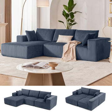 108" Boneless Couch with Chaise, Cloud Sectional Modular Sofa, Blue