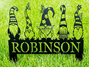 Outdoor Metal Garden Gnome Yard Stake Last Name Sign | Garden Decor