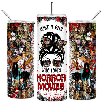 Posh Soiree Just a Girl Who Loves Horror Movies, 20oz Insulated Travel Tumbler with Lid, Perfect Women's Gift, Halloween Slasher-Themed