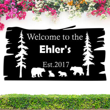 Custom Bear Metal Wall Sign, Personalized Cabin Sign, Bear Family In Woods Cabin Sign, Custom Family Name Bear Decor, Outdoor Metal Sign, Ranch Sign, Man Cave Decor