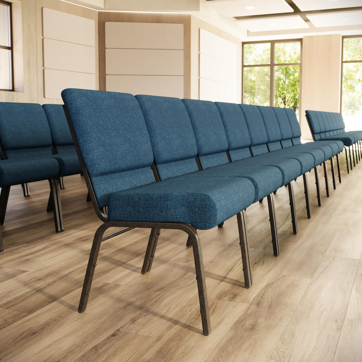 Flash Furniture Hercules Series 21''w Stacking Church Chair in Blue Fabric - Gold Vein Frame, Set of 1, Blue Fabric/gold Vein Frame