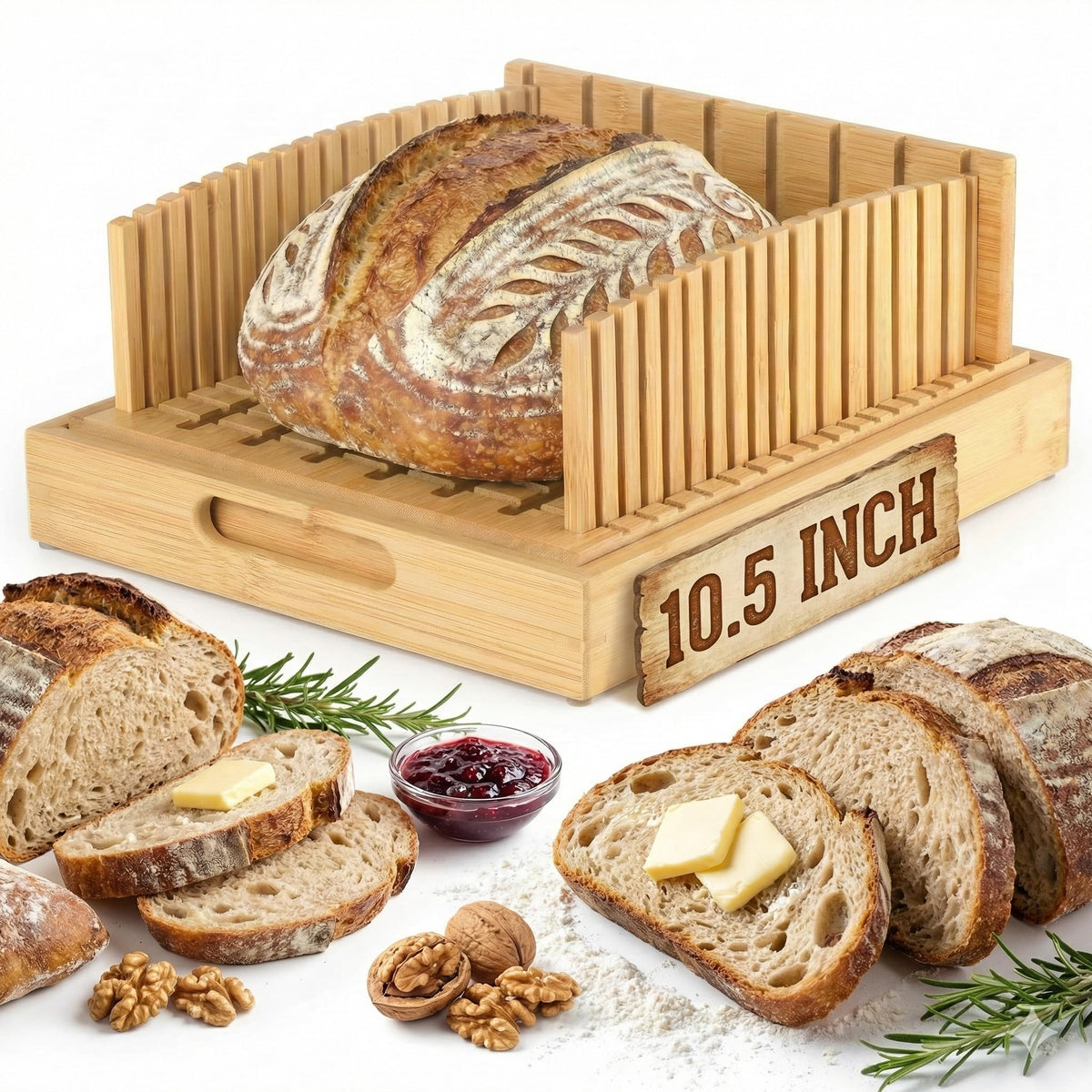 10.5" Extra Wide Bamboo Bread Slicer Guide with Crumb Catcher Board - Premium Wood Cutter & Serving Tray for Homemade Artisan Loaves, Kitchen Gadget Gifts for Bakers