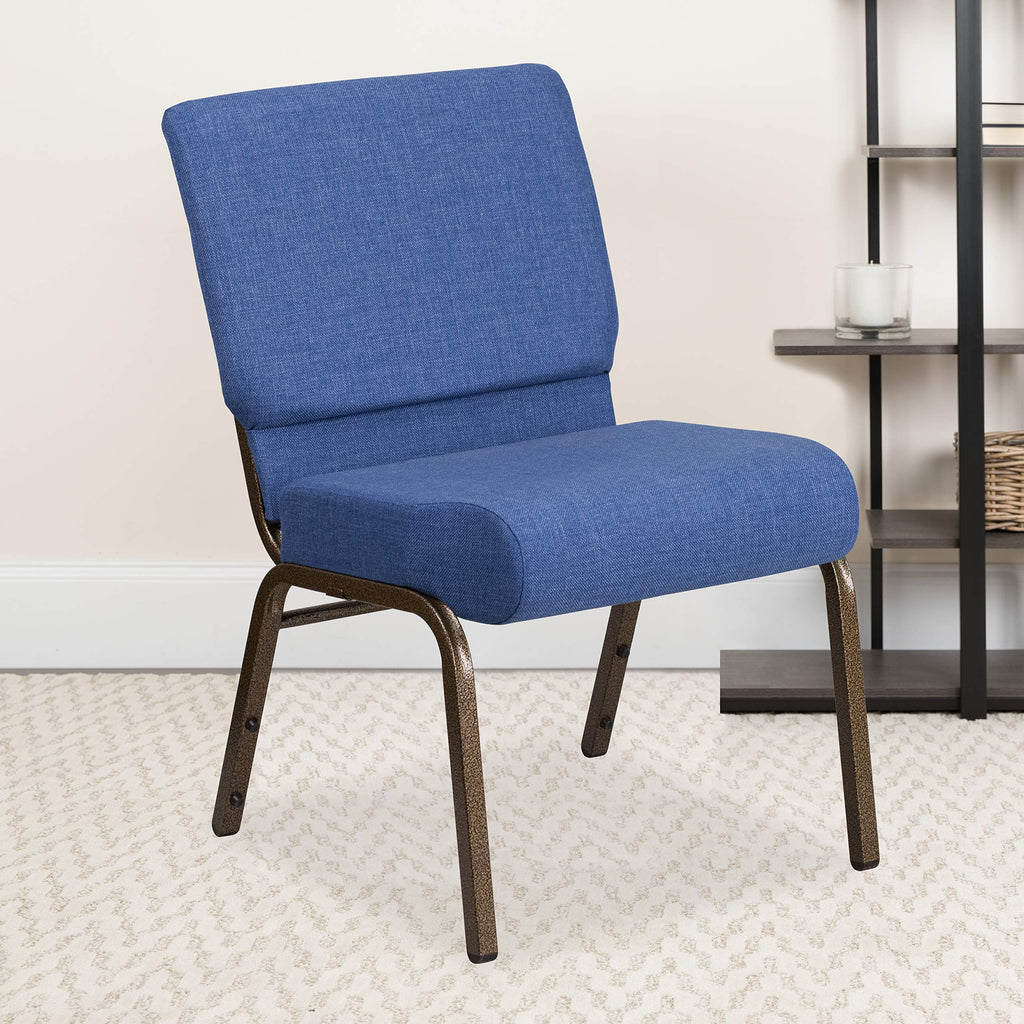 Emma + Oliver Blue 21" W Stacking Church Chair, 4-pack, 21.25"W x 25"D x 33"H, Blue Fabric/gold Vein Frame