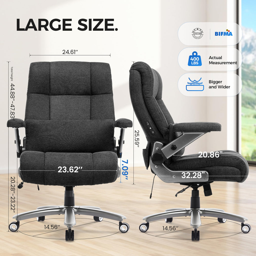 Chairker Big and Tall Office Chair with Massage Heat for Heavy Duty People, 400LBS, Bk-fabric
