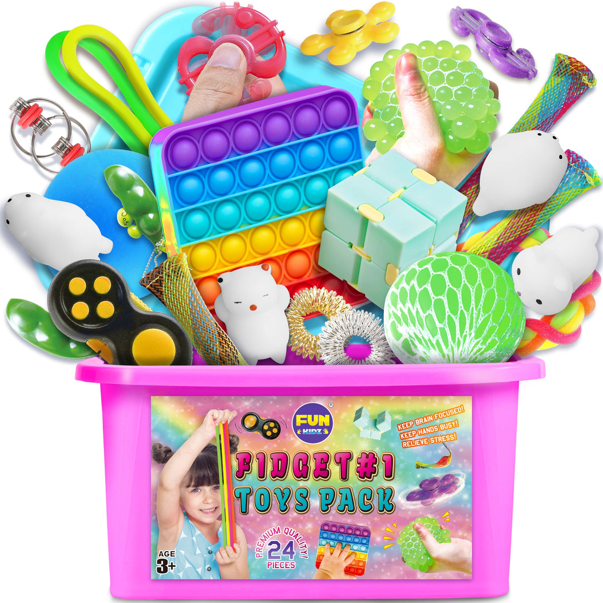 Fidget Box for Girls Boys, FunKidz Mystery Sensory Fidget Pack Toys for Stress Relief Kids Party Favors Gift Classroom Prizes Travel Camping with Portable Case
