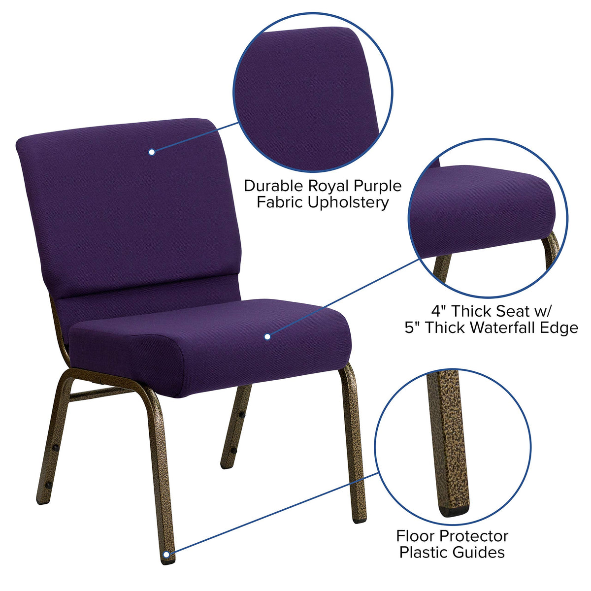 Emma + Oliver Royal Purple Fabric 21" W Stacking Church Chair, 21.25"W x 25"D x 33"H, Royal Purple Fabric/gold Vein Frame