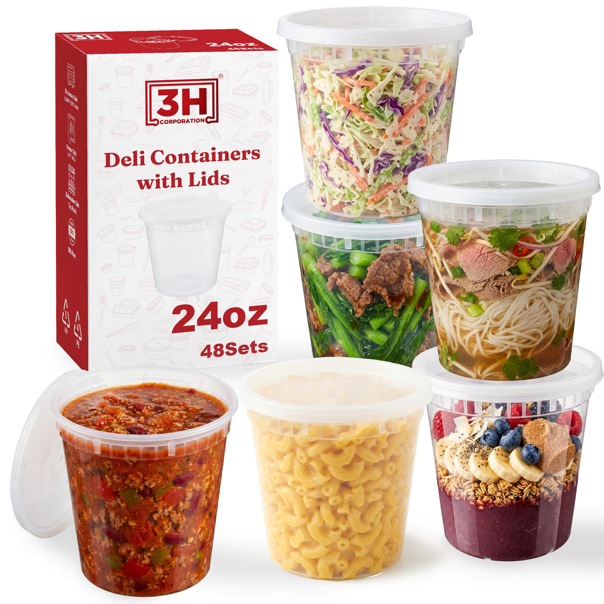 24oz Deli Containers with Lids (48 Set/96 Pcs) Food Storage Containers, Freezer Microwave Safe, BPA-Free Plastic, Stackable Snack Airtight Soup Leakproof Leftover Organizers & To-Go