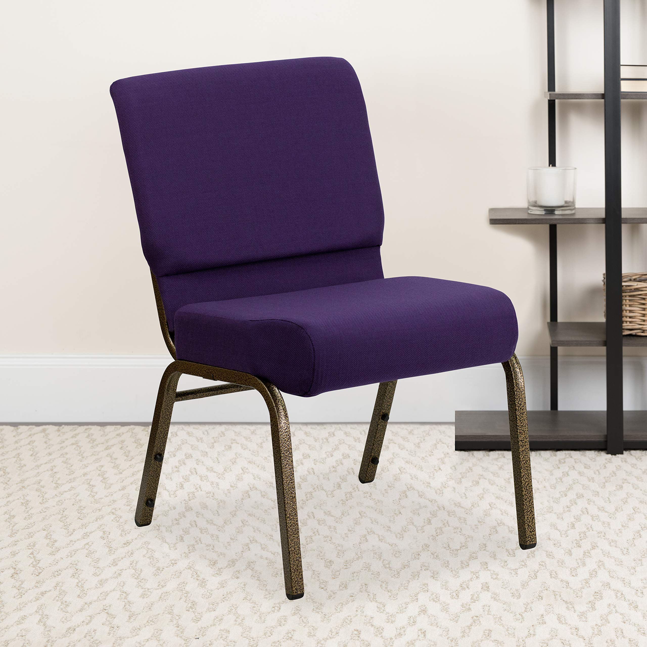 Emma + Oliver Royal Purple Fabric 21" W Stacking Church Chair, 21.25"W x 25"D x 33"H, Royal Purple Fabric/gold Vein Frame