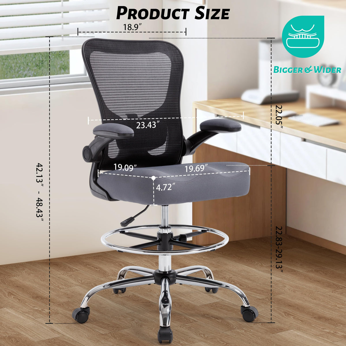 500lbs Ergonomic Drafting Chair Tall Office Chair for Counter Height or Standing Desk, Executive High Office Chairs with W-shaped Thick Seat