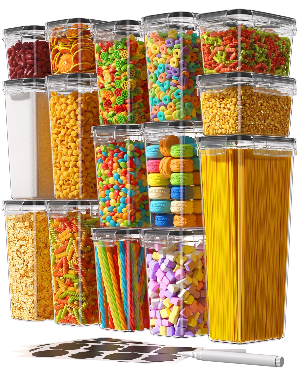 Airtight Food Storage Containers with Lids, 15 PCS Kitchen and Pantry Organization Canisters, BPA-Free, PVC-Free, Food-grade Plastic Leak-proof Jars for Cereal, Flour, Sugar, Extra 24 Labels & Marker