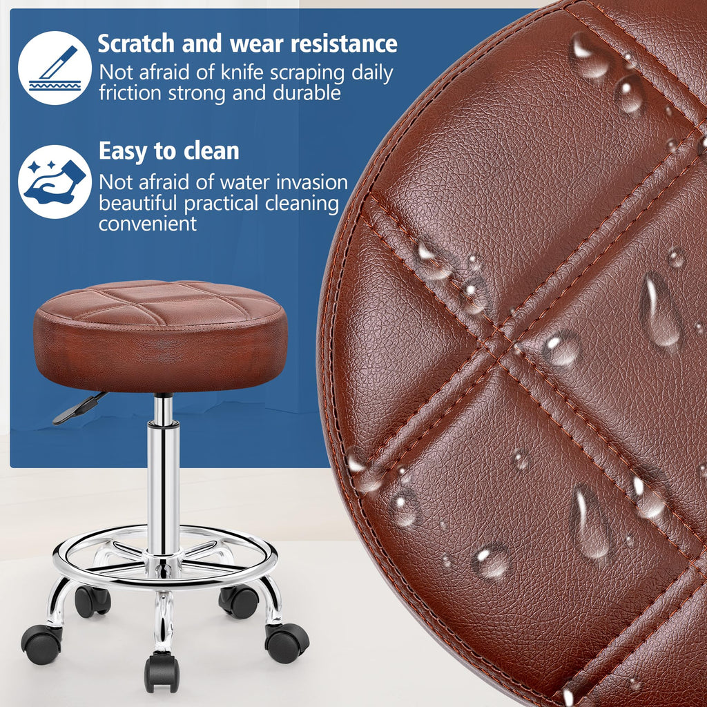 Brick Attic Pu Leather Rolling Stool with Wheels, Adjustable Swivel Stool with Footrest, 360° Rolling Stool for Tattoo, Salon, Massage,