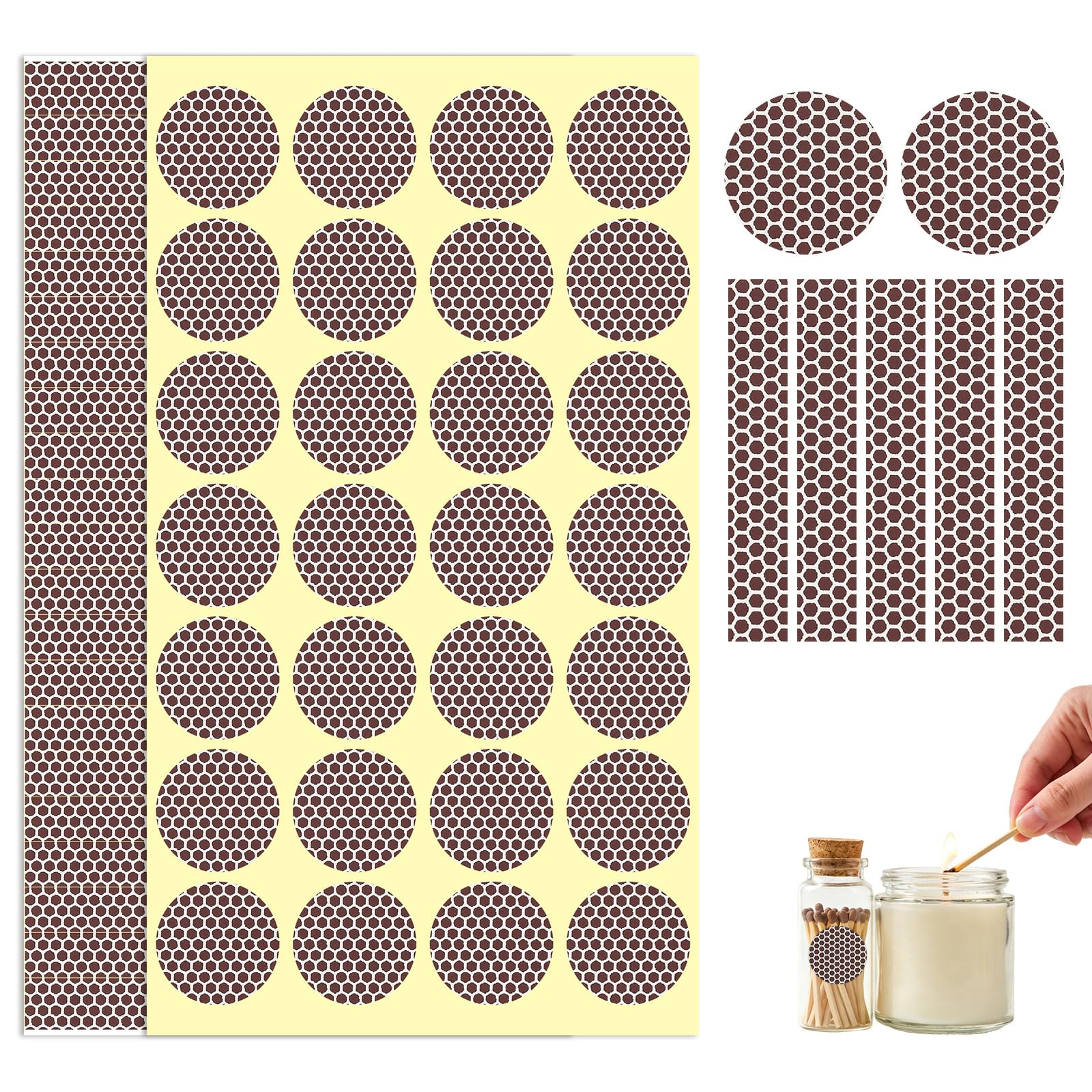60 Pcs Match Striker Stickers, Match Striker Paper with Adhesive, Honeycomb Textured Surface for Instant Ignition, Multi-Surface Adhesion for Matchbox Replacement, Camping & DIY Crafts