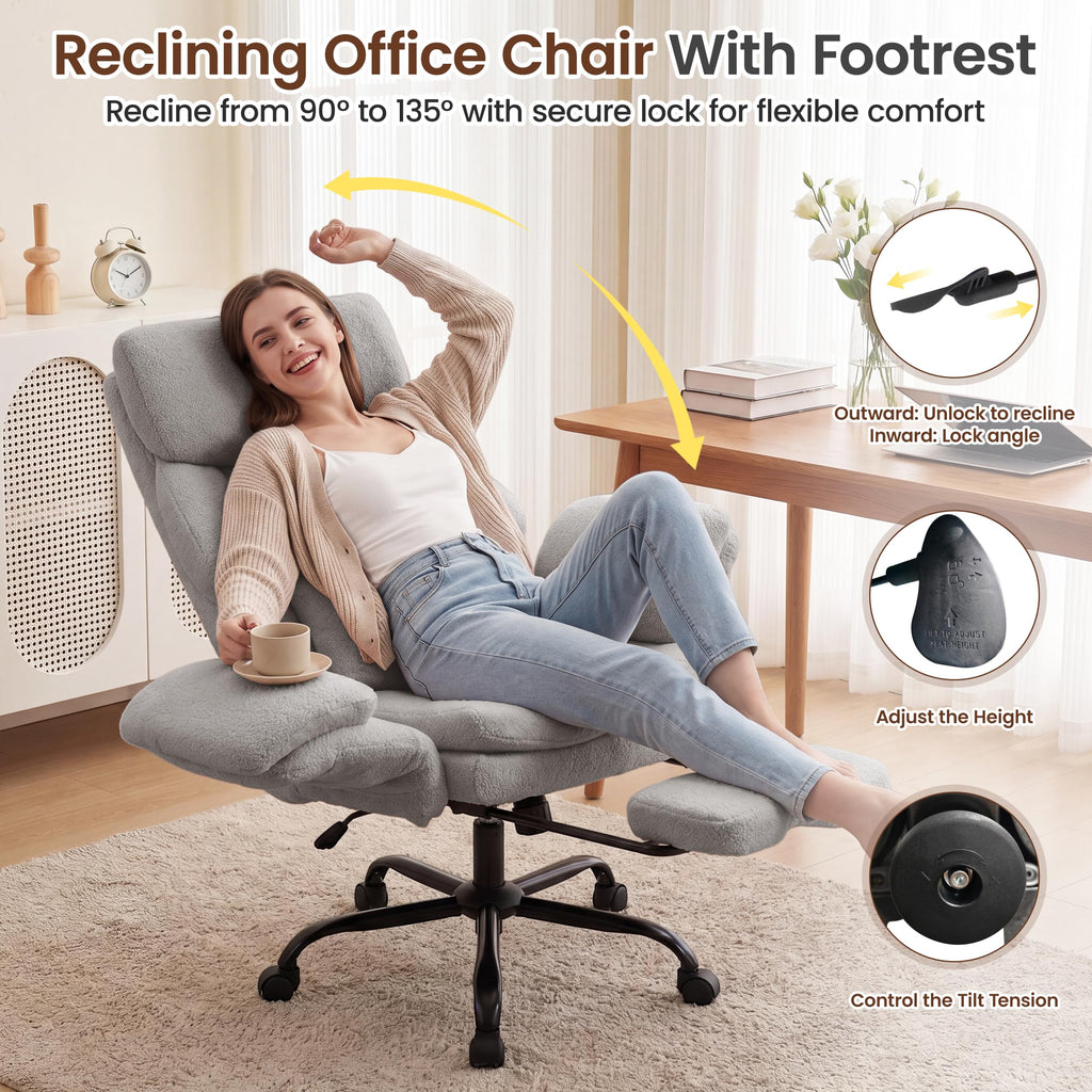 Fivewillowise Big and Tall Executive Office Chair with Foot Rest,reclining, 32"W*28"D*48"H, Teddy Light Grey