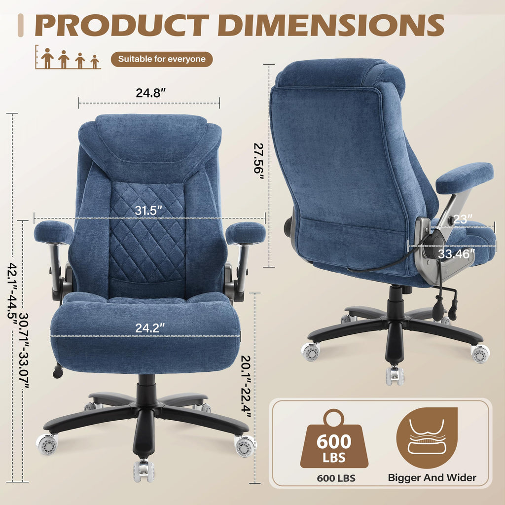 600lbs Large Big and Tall Office Chair, Heavy Duty Wide Ergonomic Gaming Office Chair with 5d Flip Arms, Comfy Fabric Executive Office Desk