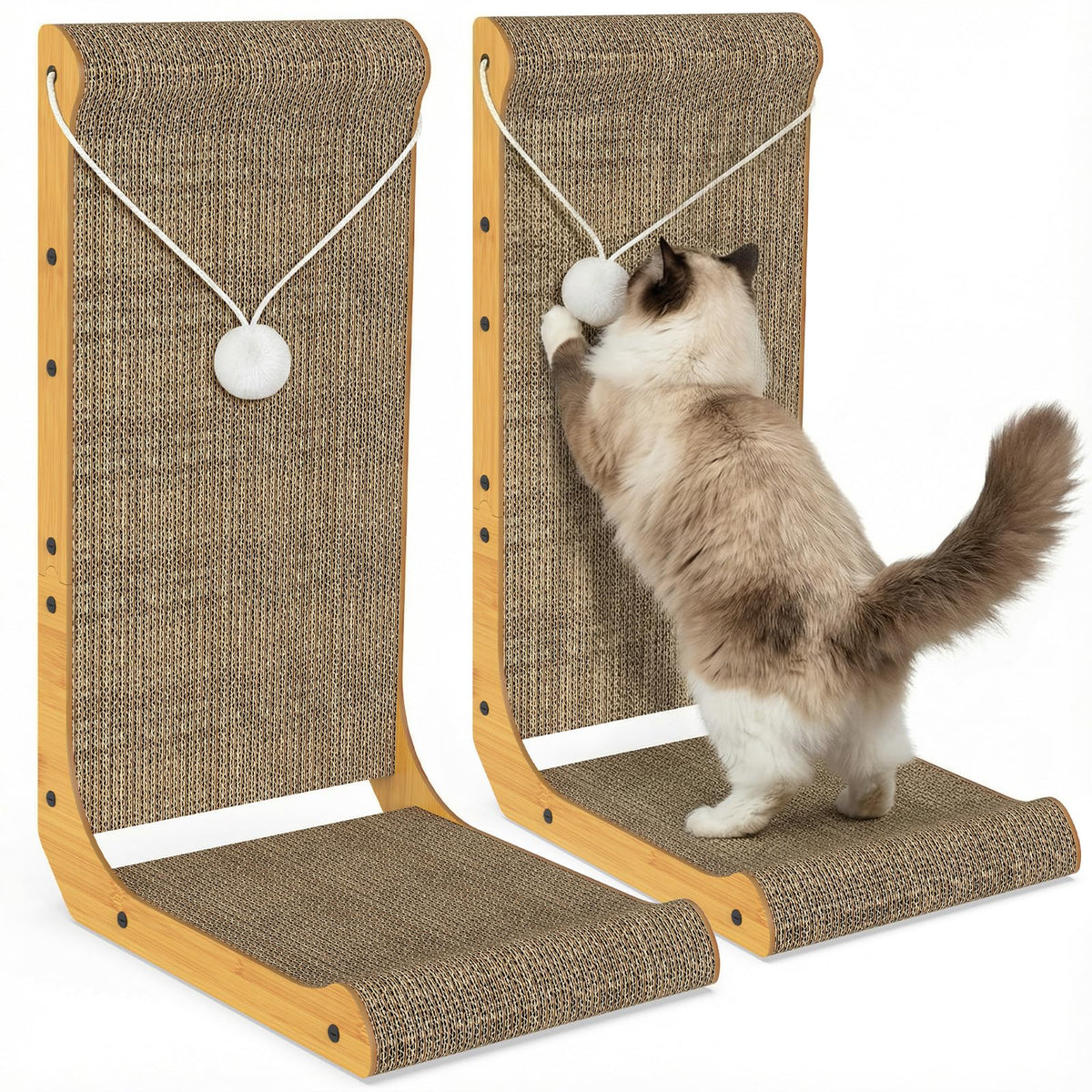 2-Pack Cat Scratching Board, 25.6'' Tall L-Shaped Cardboard Cat Scratcher with Hanging Ball Toy & Raised Edges, Vertical Cat Scratching Post for Indoor Cats, Wall & Couch Protector