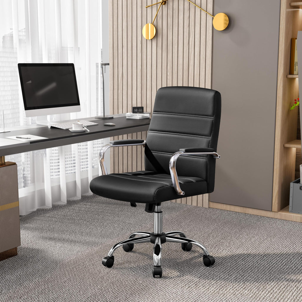 Yaheetech Black Office Chair Pu Leather Swivel Rocking Desk Seat with Arms, 24? W × 25? D × (38-41.5)? H