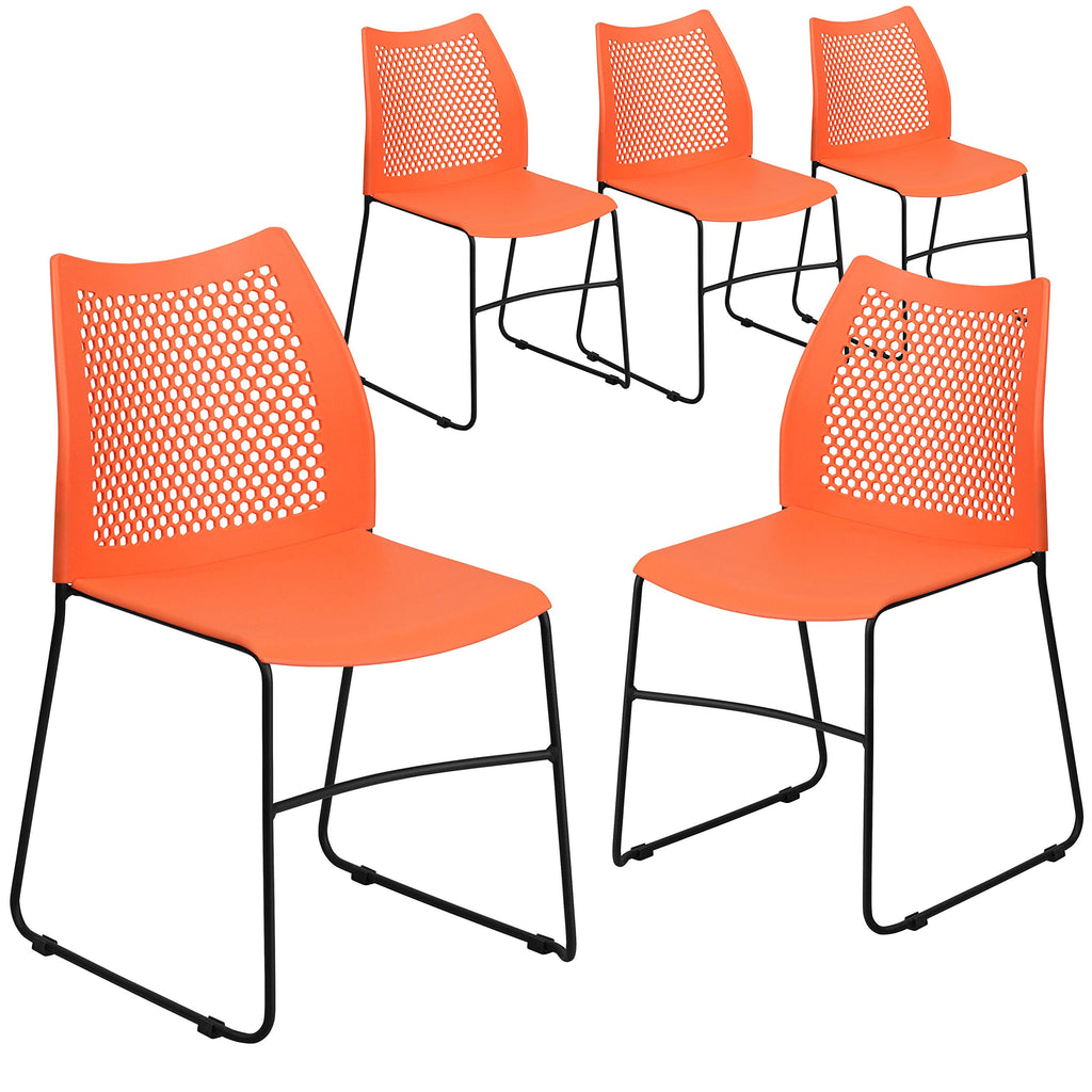 Flash Furniture Hercules Series Contoured Lobby Chairs with Air-vent Honeycomb Backs, Ergonomic Stacking Chairs for Offices, Set of 5, Orange