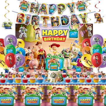 64Pcs Toy Story 5 Birthday Decorations, Ultimate Party Supplies Kit Includes Tablecloth, Backdrop, Banners, Balloons, Hanging Swirls & Cake Toppers for Themed Boys Girls Kids Party