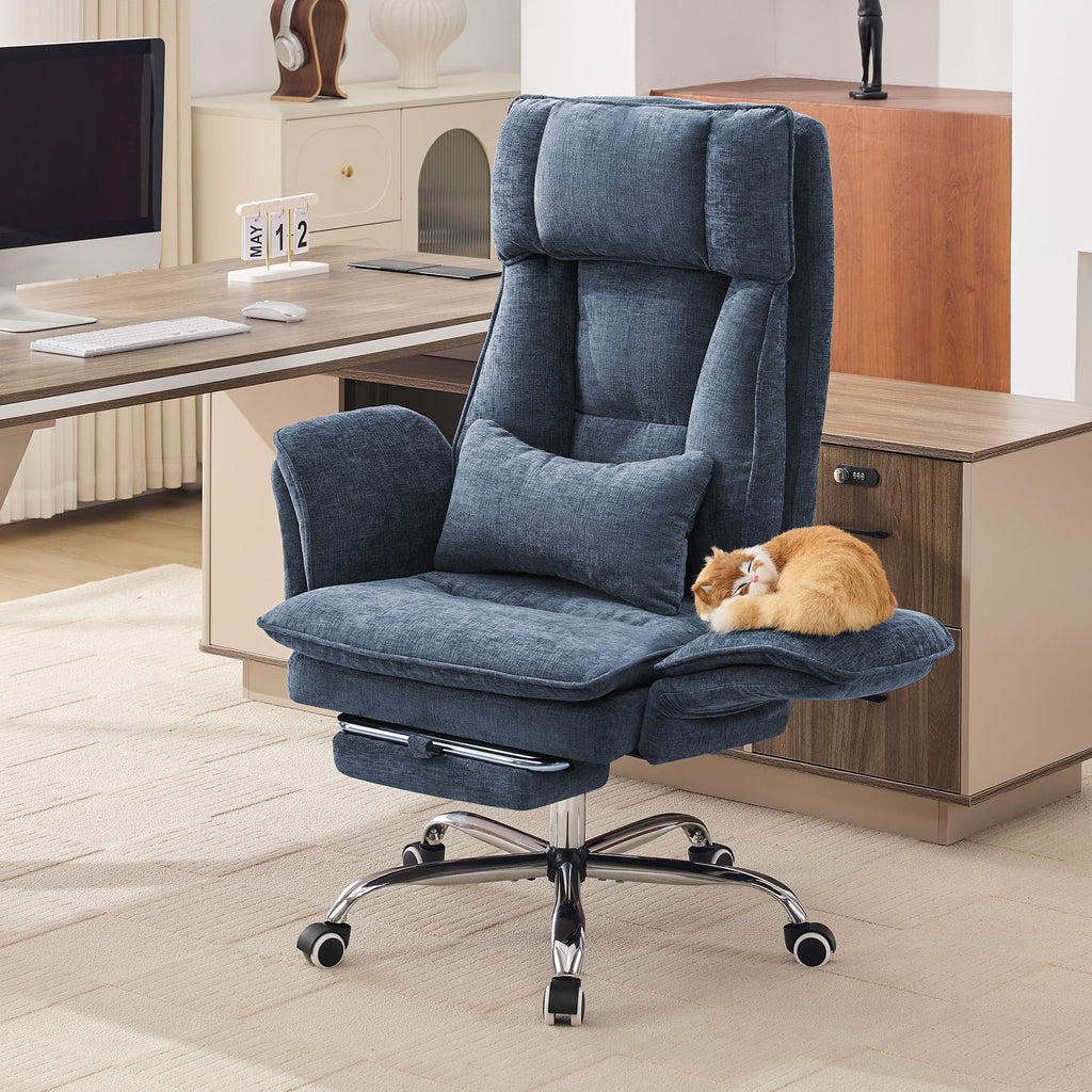 Hubson Big and Tall Office Chair, Footrest & Flip Armrest for Pets, Blue, Chenille