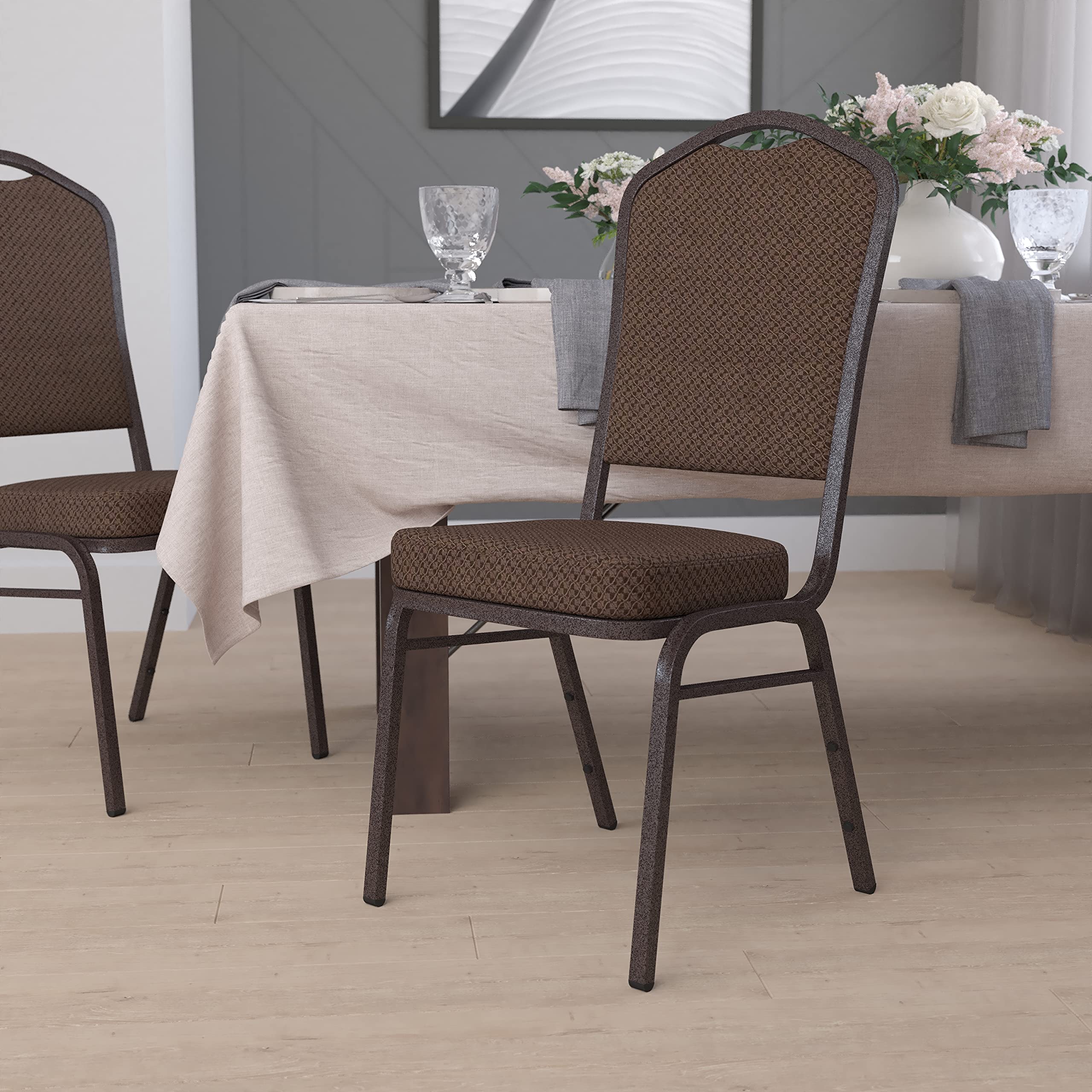 Flash Furniture Hercules Fabric Crown Back Stackable Banquet Chair, Brown, Set of 1, Brown Patterned Fabric/copper Vein Frame