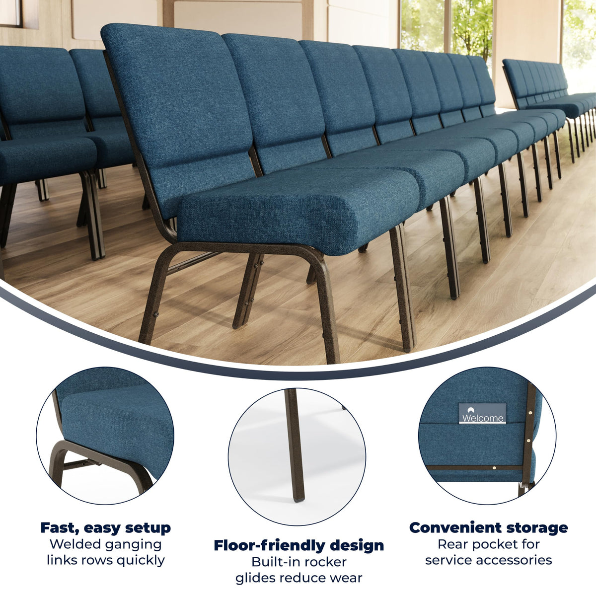 Flash Furniture Hercules Series 21''w Stacking Church Chair in Blue Fabric - Gold Vein Frame, Set of 1, Blue Fabric/gold Vein Frame