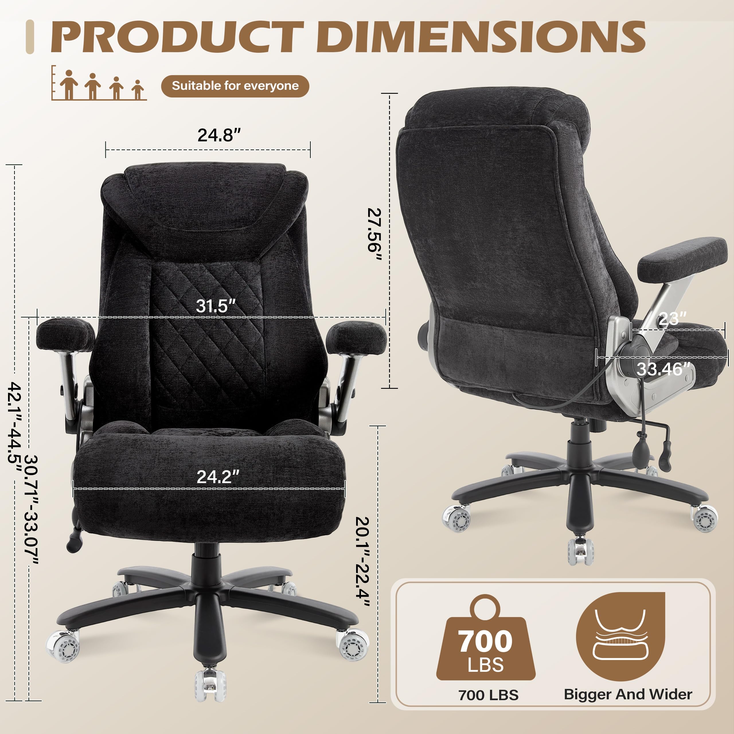 Fabric 700lbs Big and Tall Office Chair, Ergonomic Heavy Duty Executive Cloth Office Chair with 5d Flip Arms & Adjustable Lumbar Support & Dual