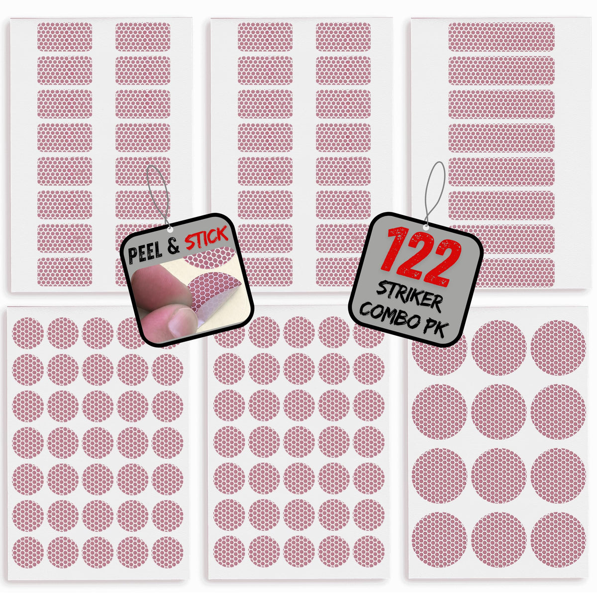 122 Piece Match Striker Variety Pack | Peel & Stick Adhesive Stricker Stickers for Safety Matches | Replacement Flint Strips Pad Dots and Circles Combo