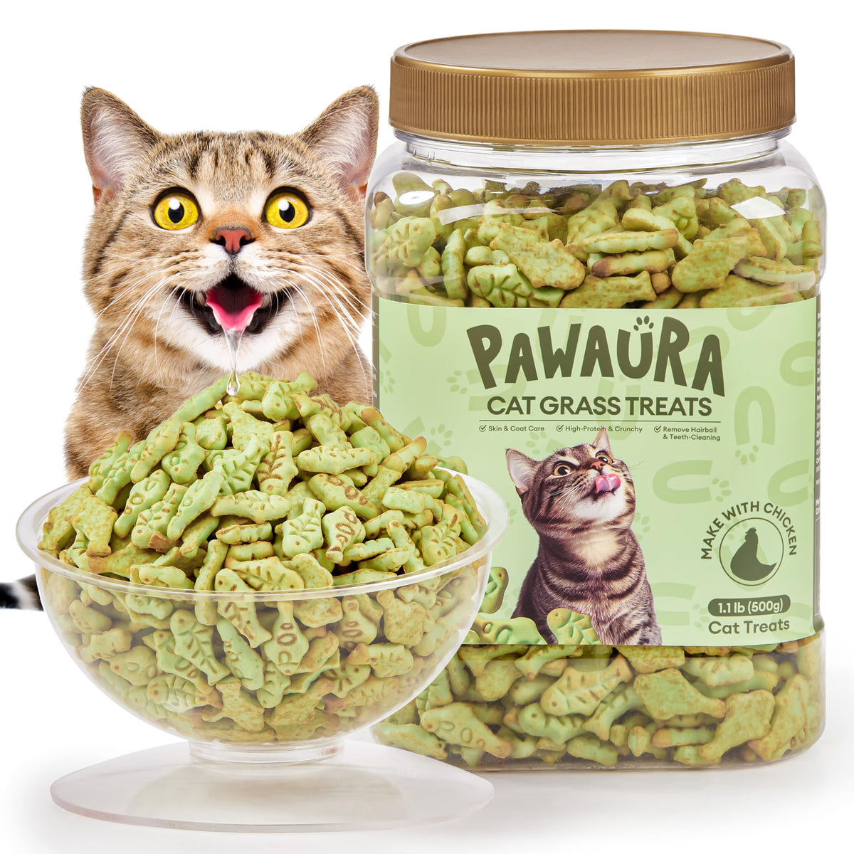 17.63oz Cat Grass Treats for Hairball Control – Natural Chicken & Cat Grass & Catnip Biscuits, Low-Calorie Healthy Snacks for Indoor Cats, Digestive & Dental Care