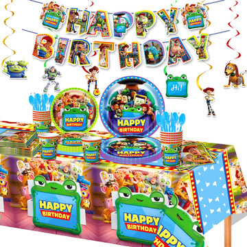 Lonvichtt 102Pcs Toy Story 5 Birthday Decorations, Complete Party Supply Kit Includes Tablecloth, Disposable Plates, Cups, Cutlery, Napkins, Banners & Hanging Swirls for Boys Girls Kids Theme Party