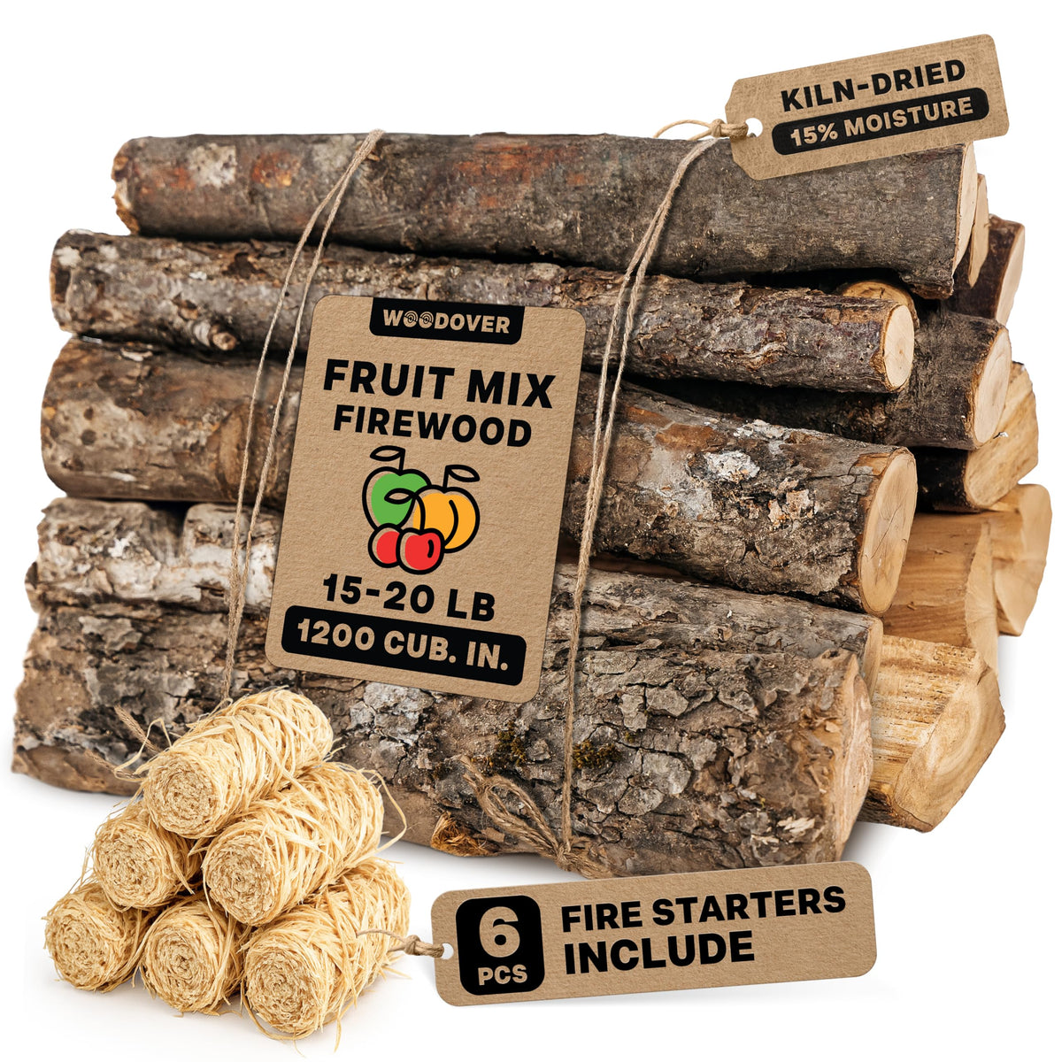 15" Apple & Cherry Firewood Logs with Fire Starters Set - Kiln-Dried Firewood for Fire Pit, Seasoned Wood for Fireplace, Campfire & Pizza Oven - Split Wood for Solo Stove - 1200 cu. in., 15-20lb