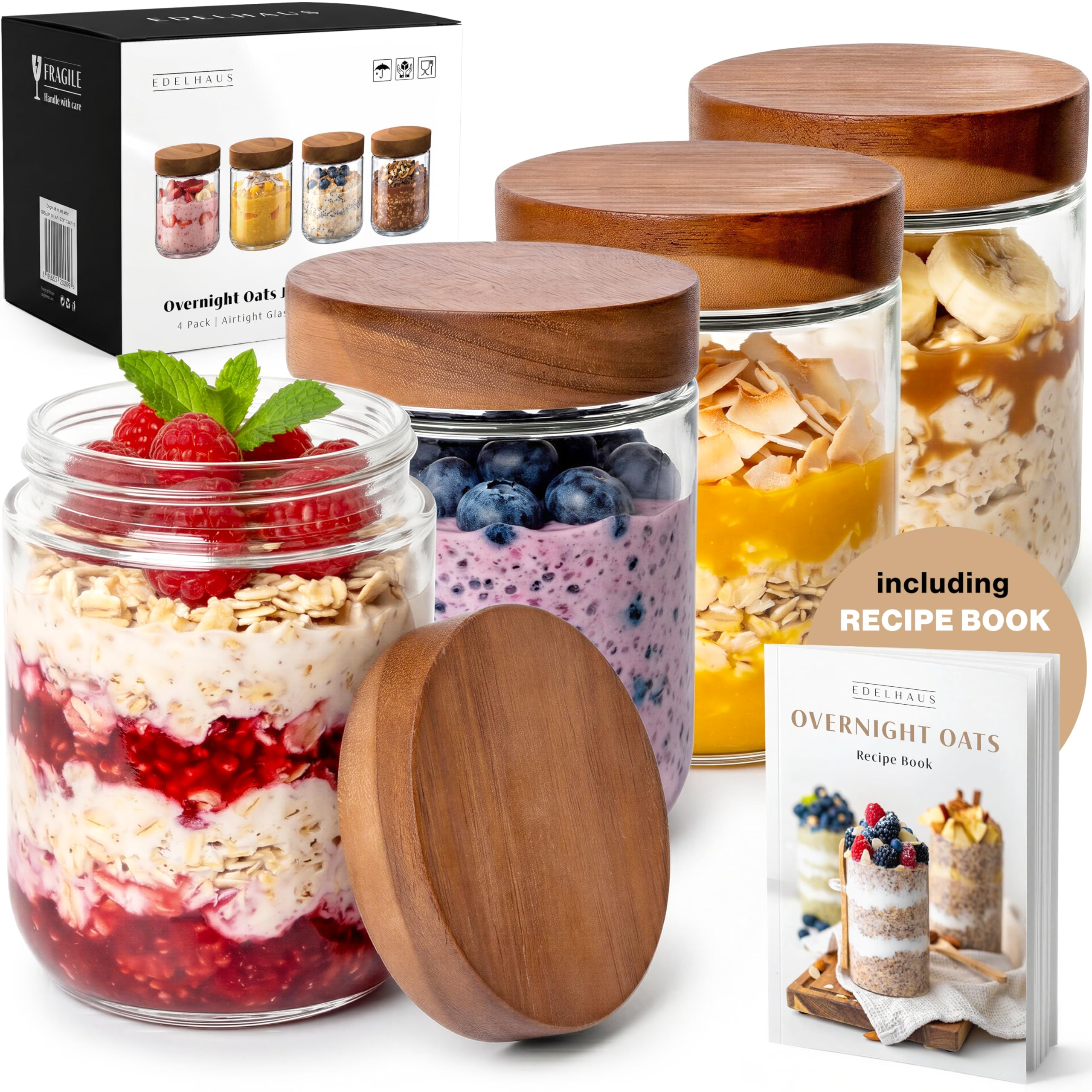 Overnight Oats Containers with Lids Acacia (4 x 16oz) Glass Jars for Oatmeal, Meal Prep, Food Storage | Leak-Proof Mason Jars for Oats, Cereal, Yogurt, Chia Pudding [Thicker Glass 3mm]