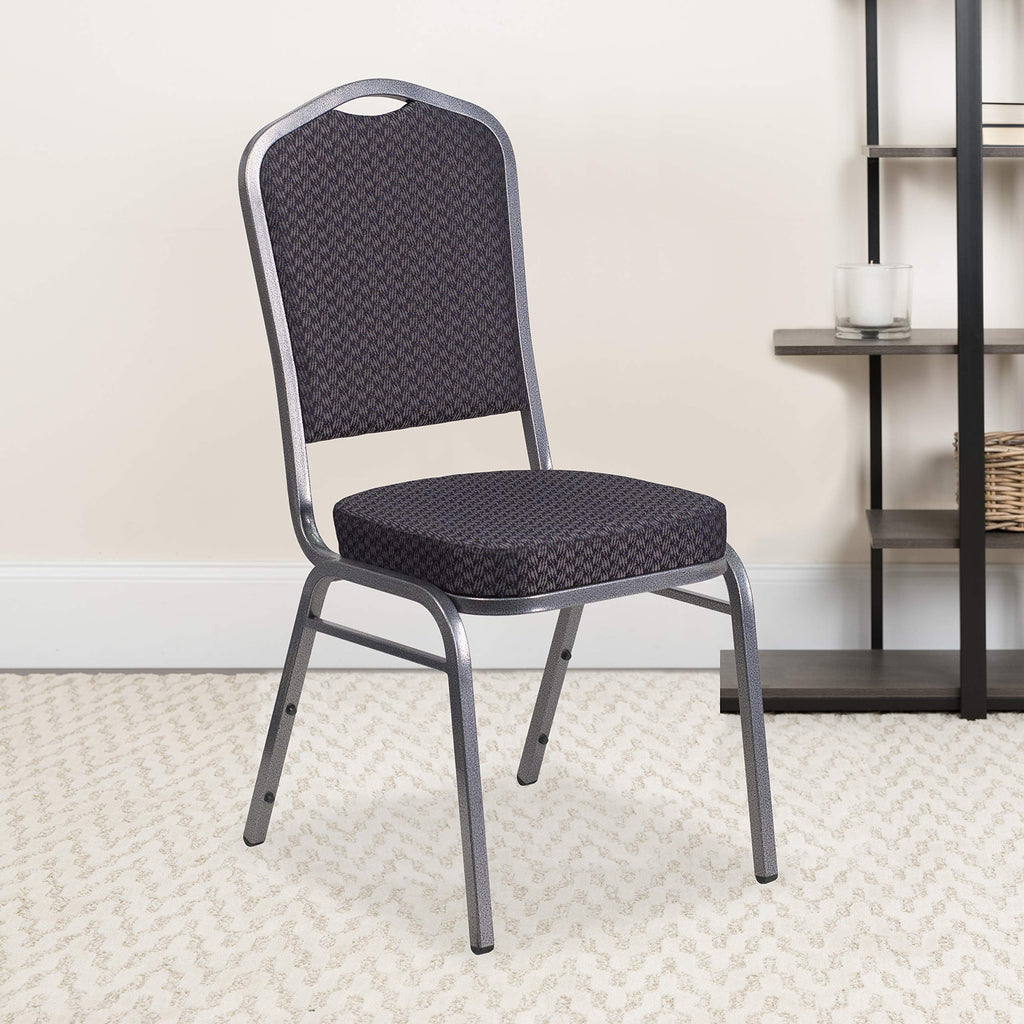 Flash Furniture Hercules Crown Back Stackable Banquet Chair, Black, 4-pack, Set of 4, Black Patterned Fabric/silver Vein Frame