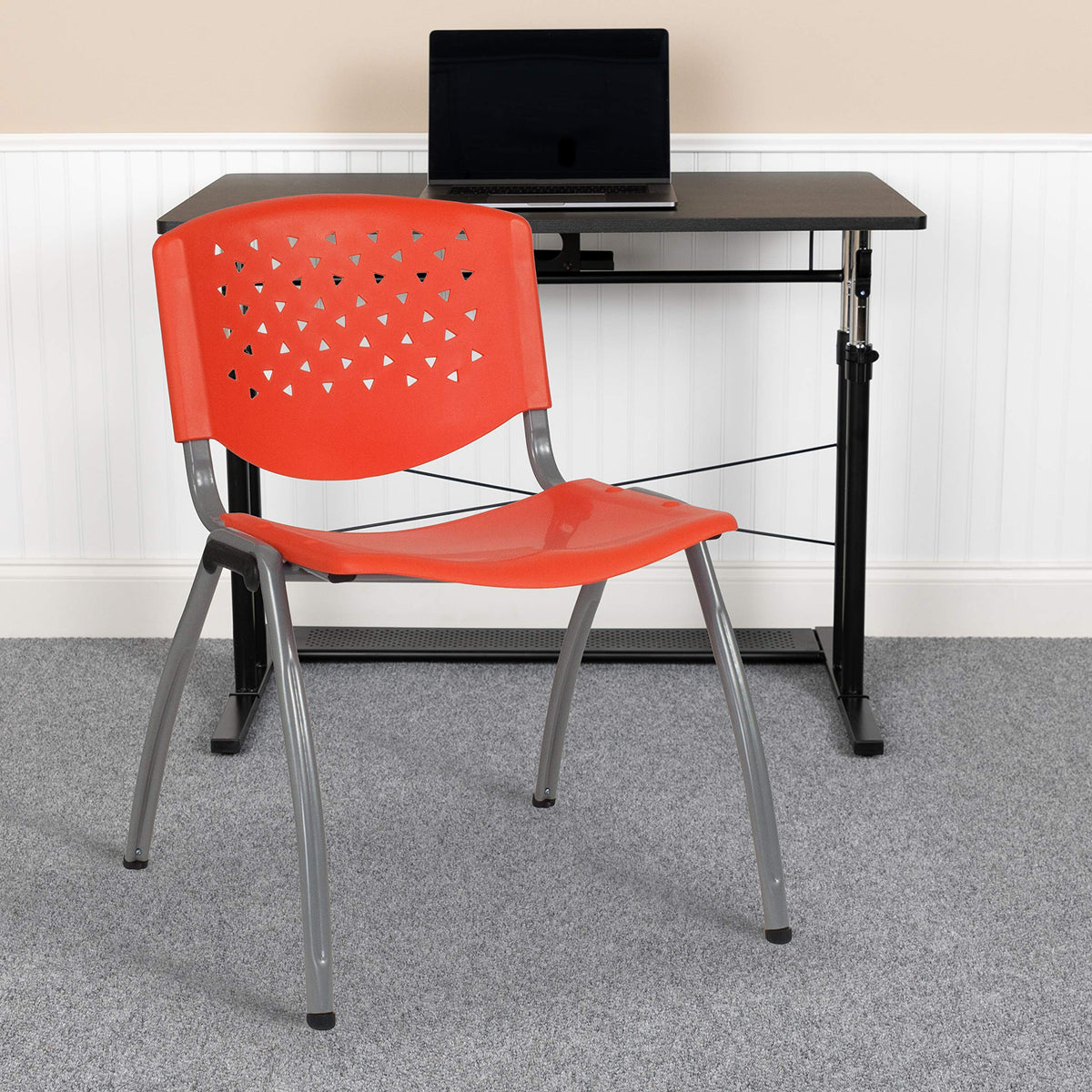 Emma + Oliver Home and Office Orange Plastic Stack Chair with Performa, 20.75"W x 24.5"D x 28.5"H