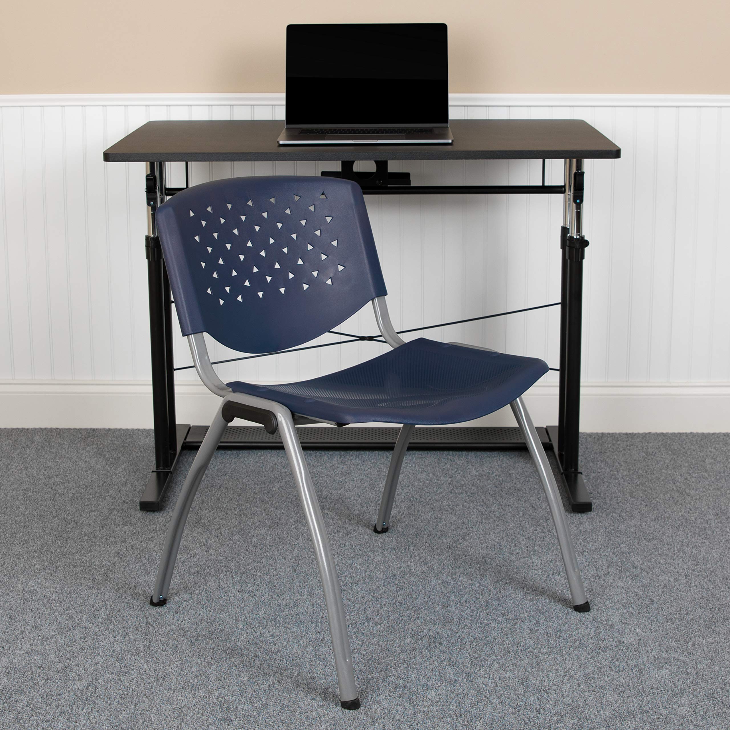 Emma + Oliver Home and Office Navy Plastic Stack Chair with Perforated Back, 20.75"W x 24.5"D x 28.5"H