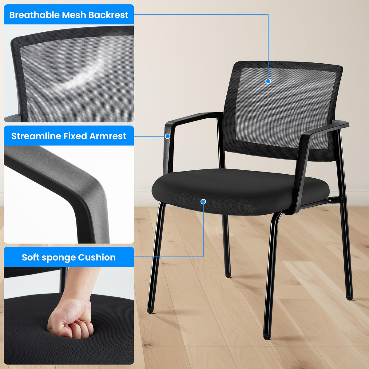 Simple Deluxe Guest Waiting Room Office Arm Chairs 2 Pack, Mesh Back & Ergonomic Support, Stacking Padded Fabric Seat, No Wheel for Reception