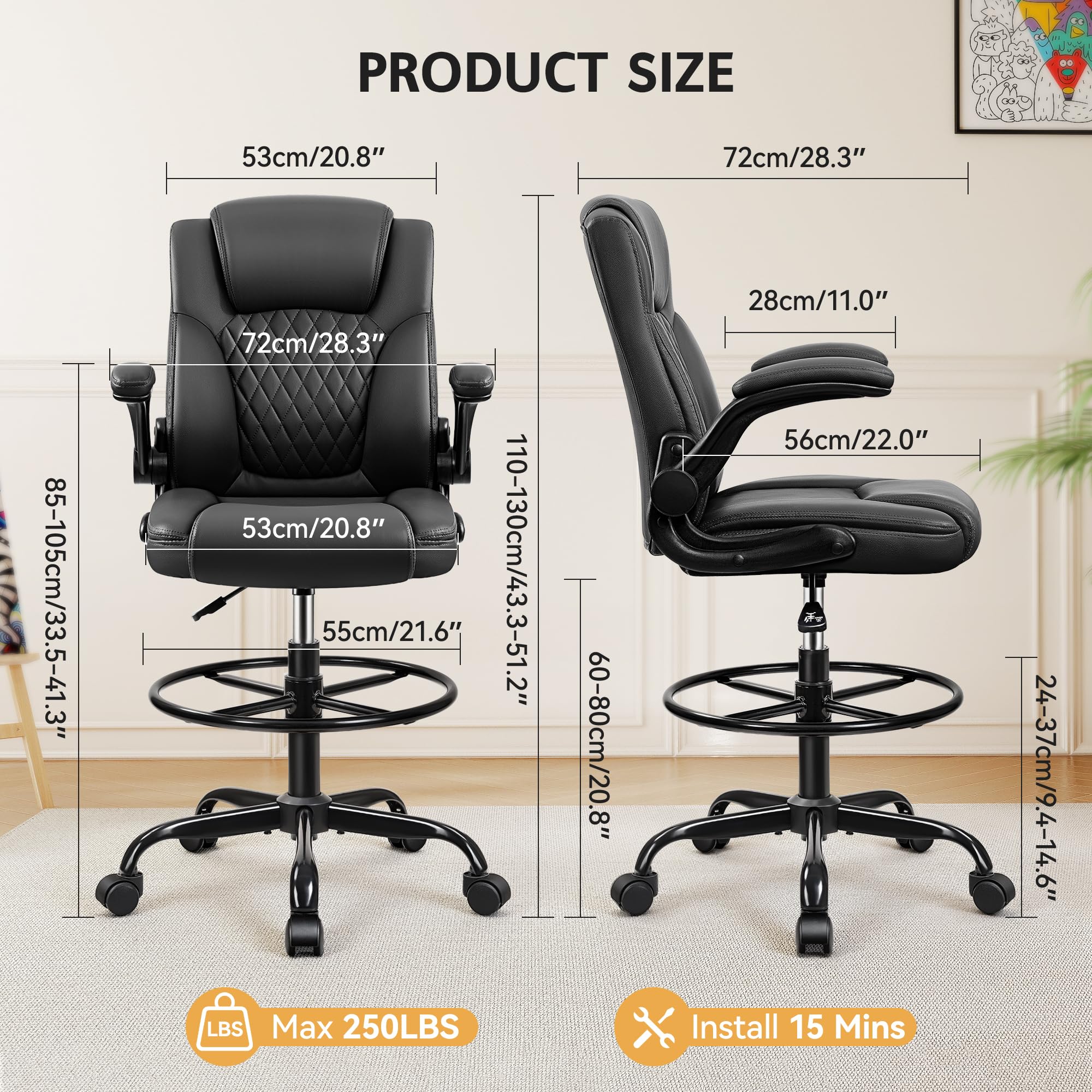 Drafting Chair, Tall Office Chair for Standing Desk, High Executive Leather Ergonomic Computer Chair with Adjustable Height and Flip-up Armrest