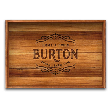 Wooden Teak Tray with Handles - Engraved First Last Names and Established Year