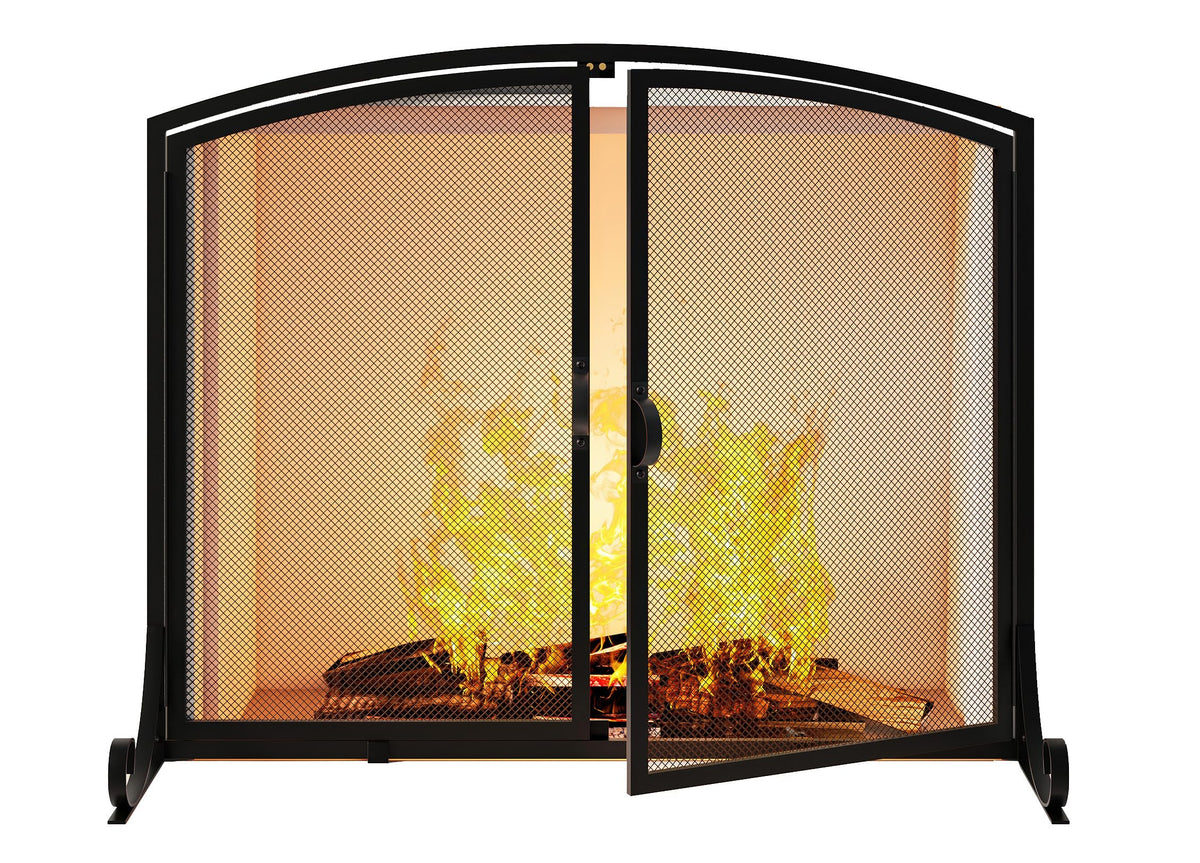 Fireplace Screen with Doors, 35" W x 28" H, Heavy Duty Solid Steel Frame, Wrought Iron Spark Guard, Baby Proof Fireplace Gate, Decorative Black Safety Screen for Wood Stoves and Fireplaces