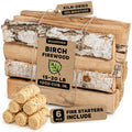 WOODOVER 15" Birch Firewood Logs with Fire Starters Set – 1200 cub. in, 15–20 lb | Kiln-Dried & Seasoned Hardwood for Fire Pit, Fireplace | Bright Flames & Pleasant Aroma for Cozy Atmosphere