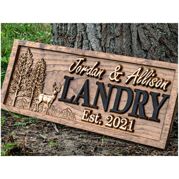Custom 3D Wood Cabin Family Name Sign | Deer Hunting Wedding Gift