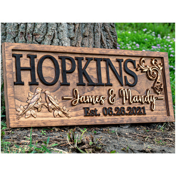Personalized Wooden Wedding Last Name Sign Love Bird Wall Art