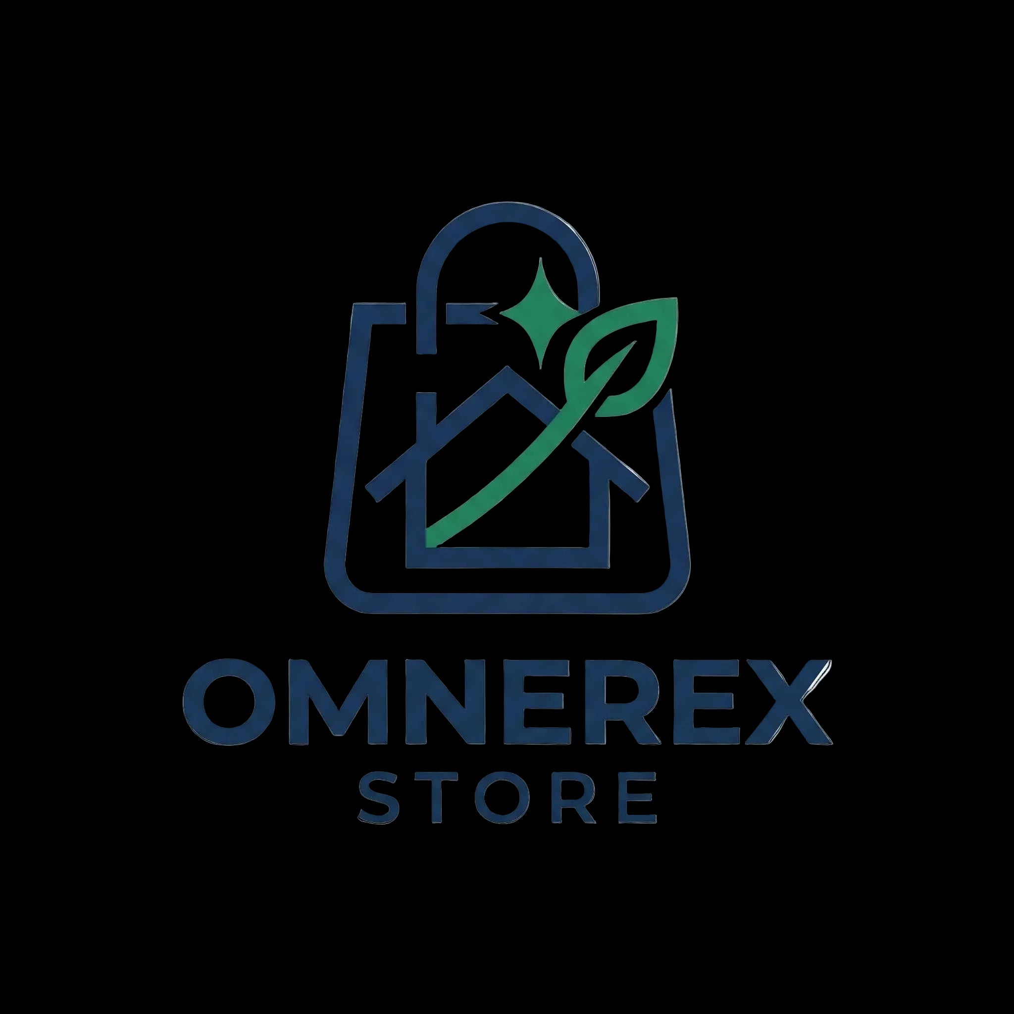A digital logo design for 'OMNEREX STORE' featuring a dark blue shopping bag icon with a green leaf and star accent, positioned above the brand name on a white and gray checkered background.